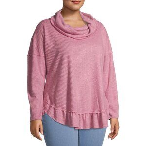 Terra & Sky Plus Size 1X Top  Pink Cowl Neck Sweater Ruffle Hem Knit Pullover
